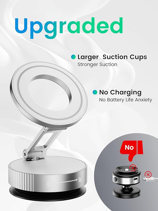 Vacuum Magnetic Phone Holder for MagSafe,Foldable Metal Suction Cup Phone Mount,360° Rotatable Phone Mount for All Smartphones & All Car Models-Silver