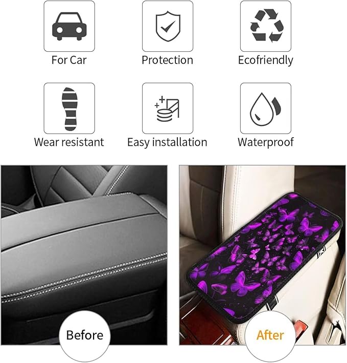 Cars Center Console Cover Butterfly Armrest Covers Console Pad Butterflies Arm Rest Seat Box Covers Protector Purple Car Decor Accessories
