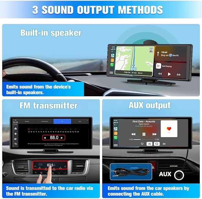 Portable Carplay-10.26" Screen Car Play-Wireless Apple Car Play & Android Auto,4K Dash Cam,1080p Backup Camera DVR,Audio Receivers GPS Navigation Mirror Link, Bluetooth,FM, Siri,SD Card