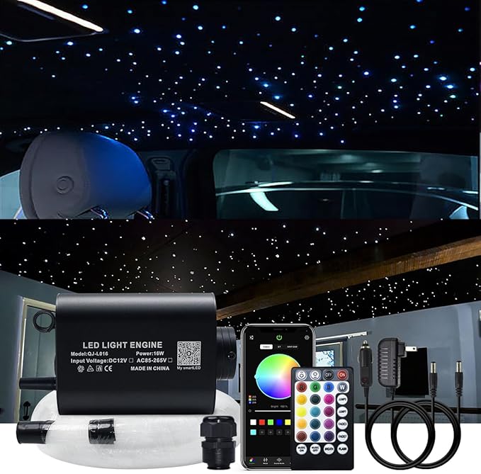 AKEPO 16W Fiber Optic Starlights Headliner Lights Star Light Kit, Fibre Optical Strands150pcs 0.75mm 6.5ft/2m APP Control+28key Remote Control for Car & Home