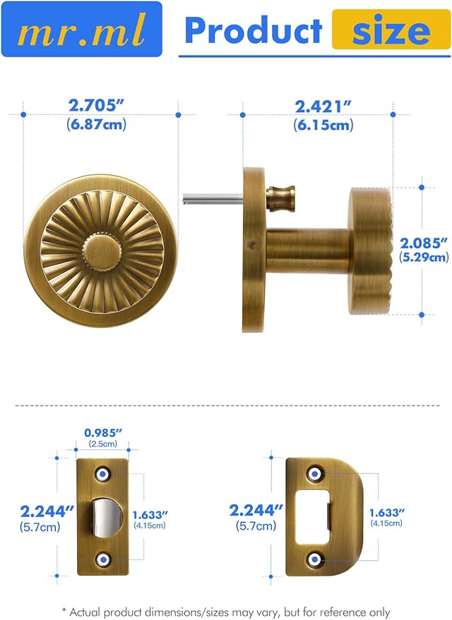 Privacy Door Knob Antique Brass Retro Door Knob, Interior Vintage Door Handle Bedroom Bathroom Brushed Doorknob, Stainless Steel Knob, 1 Pack