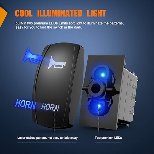 Nilight Horn Switch Momentary Laser Rocker Switch 5PIN On/Off LED Light 20A/12V 10A/24V Switch with Jumper Wires Set for Cars Jeeps Boats Trucks (90126B)