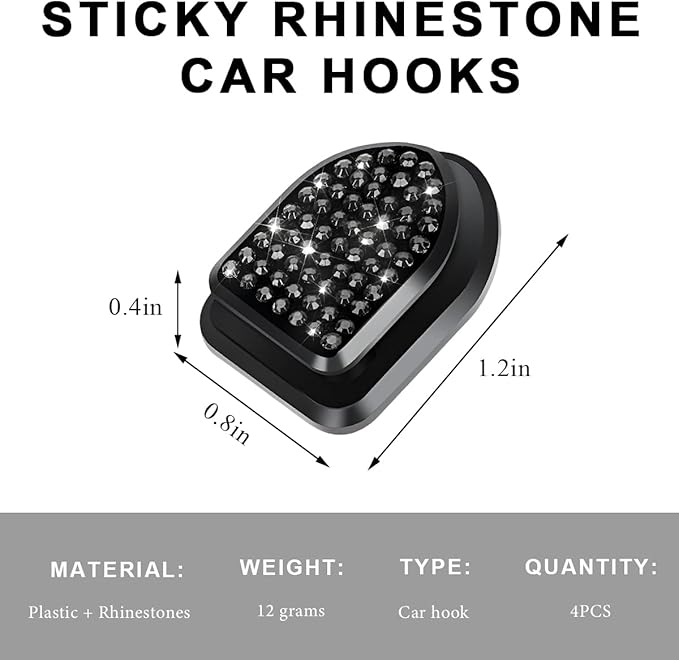 4 PCS Bling Car Mini Hooks, Cute Rhinestone Adhesive Back Seat Auto Hangers, Multifunctional Crystal Hanging Storage Hook for Vehicle Dashboard Wall Hat Coat Towel Key (Black)