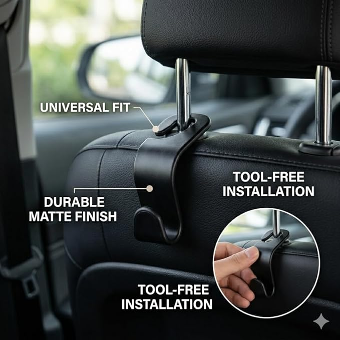 4 Pack Car Seat Headrest Hooks - Universal Back Seat Hanger for Purses, Grocery Bags, and Handbags - Stylish Black Car Organizer Hooks for Interior Storage, Easy Installation, Fits Most Vehicles