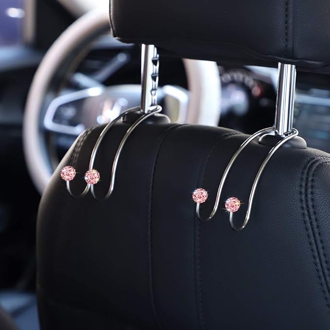 SAVORI Auto Hooks Bling Car Hangers Organizer Seat Headrest Hooks Strong and Durable Backseat Hanger Storage Universal for SUV Truck Vehicle 2 Pack (Pink)