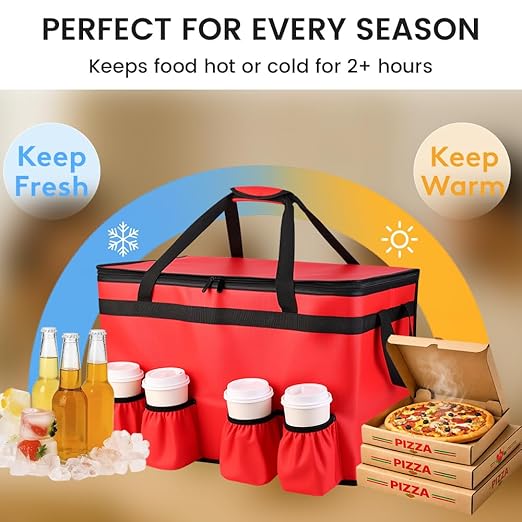 CIVJET Insulated Food Delivery Bag with 4 Cup Holders and Bottom Support, XXX-Large Insulated Grocery Bags Keep Food Hot/Cold, Cooler Bags with Drink Carrier, Food Carrier Catering Bag for Events, Red