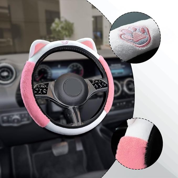 Car Steering Wheel Cover, 15 Inch Fluffy Soft Plush Auto Protector, Anti-Slip Elastic Lovely Car Cover Accessories with Kitty Cat Ears Universal for Most Cars (Fluffy-White+Light Pink)