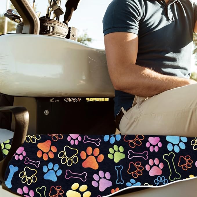 ORIGACH Dog Paw and Bone Golf Cart Seat Covers, Comfortable Cooling Golf Cart Blanket Towel, 100% Microfiber, Fits EZGO, Club Car, and More 2-Seat Golf Carts, 51x31inch