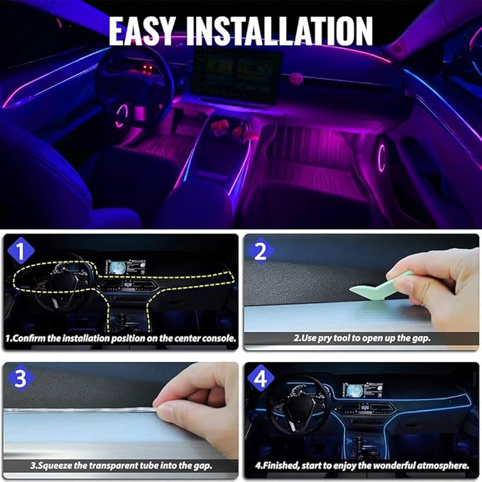 Ambient Lighting Car Led Lights Interior Kit,6 in 1 RGB Music Sync Acrylic Led Lights for Car Interior,175 inches DIY Fiber Optic Neon Accent Strip Ambiance Lighting with Wireless APP Remote
