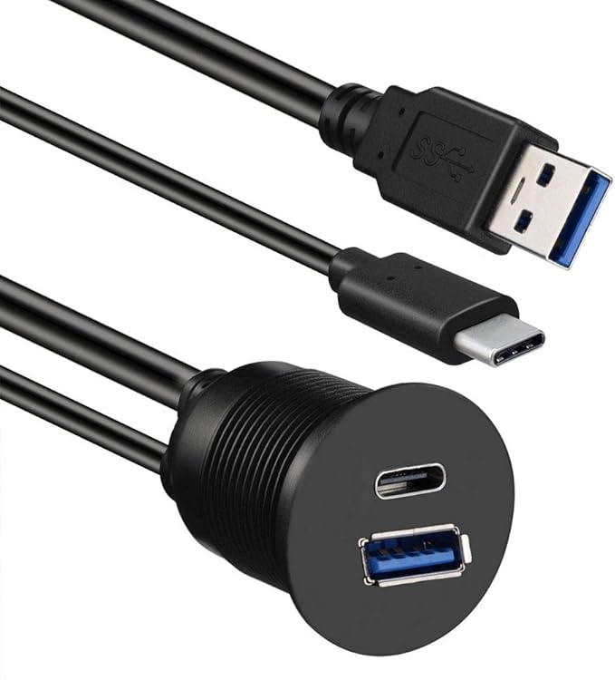 BATIGE Type C 3.0 and USB 3.0 A Male to Female AUX Car Mount Flush Cable Waterproof Extension for Car Truck Boat Motorcycle Dashboard Panel - 3ft