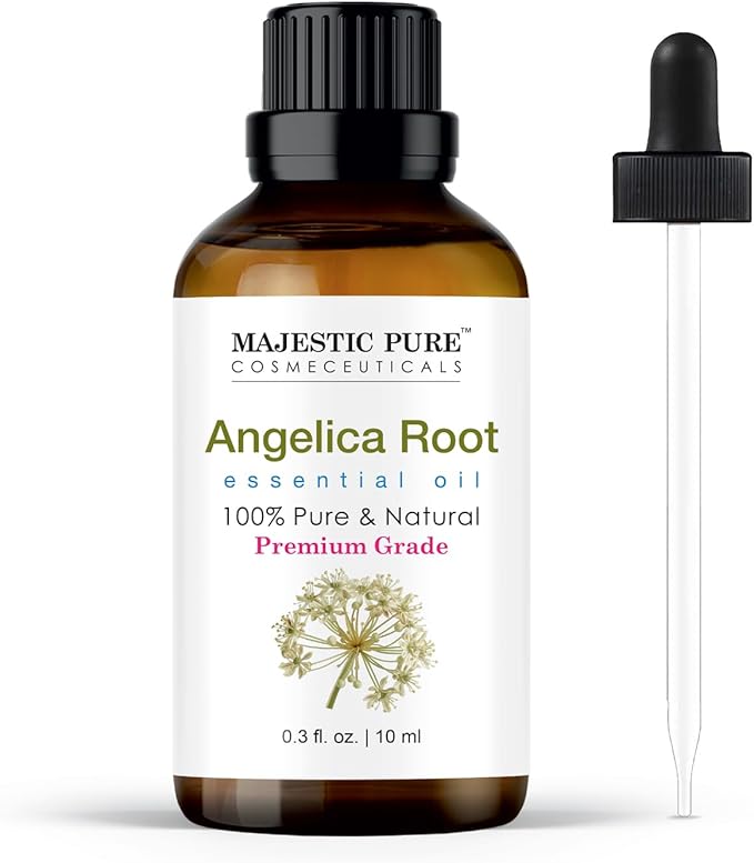 Majestic Pure Essential Oil with Glass Dropper - 100% Pure and Natural - Essential Oils for Diffuser, Aromatherapy, Soap and Candle Making, Angelica Root Essential Oil, Angelica Root Oil, 0.3 Fl Oz
