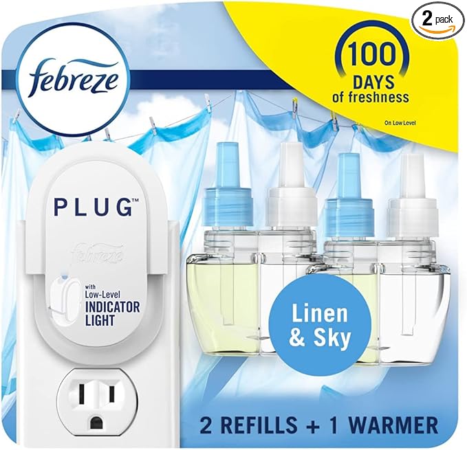 Febreze Plug in Air Fresheners, Linen & Sky Scent, Odor Eliminator for Strong Odors, 1 Warmer + 2 Oil Refills