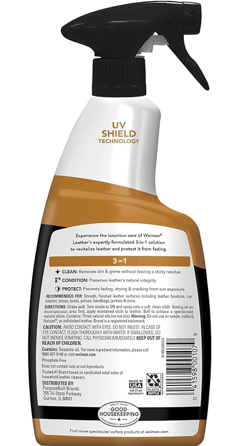 Weiman Leather Cleaner, Polish and Conditioner for Furniture, Car, Purses, Shoes, Boots and Couches- Micro Fiber Towel Included, 22oz