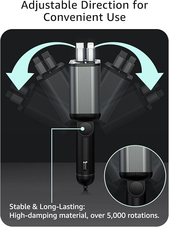 Retractable Car Charger USB C,107W Type C Car Charger Fast Charging with Dual Retractable Cable and USB Ports for iPhone 17/16/15,S25/24/23/22, Pixel 9/8/7(Build-in USB-C & Lightning Cable)