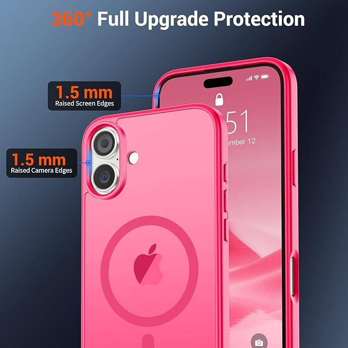 SUPFINE Magnetic for iPhone 16 Case (Compatible with MagSafe) (Military Grade Drop Protection) Slim Translucent Matte Shockproof with Anti-Fingerprint Phone Case,Hot Pink