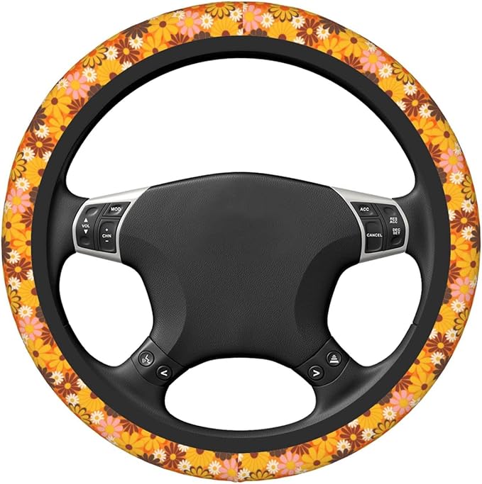 Yellow Hippie Floral Auto Car Daisy Steering Wheel Cover Universal 15 Inch Neoprene Interior Decor Protection Accessories