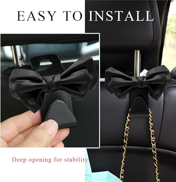2 PCS Car Seat Headrest Hooks, Cute Bow Shaped Vehicle Backseat Storage Hooks, Leather Bow Shaped Sturdy Car Seat Back Hooks for Purses/Coats/Umbrellas, Car Accessories (Black)