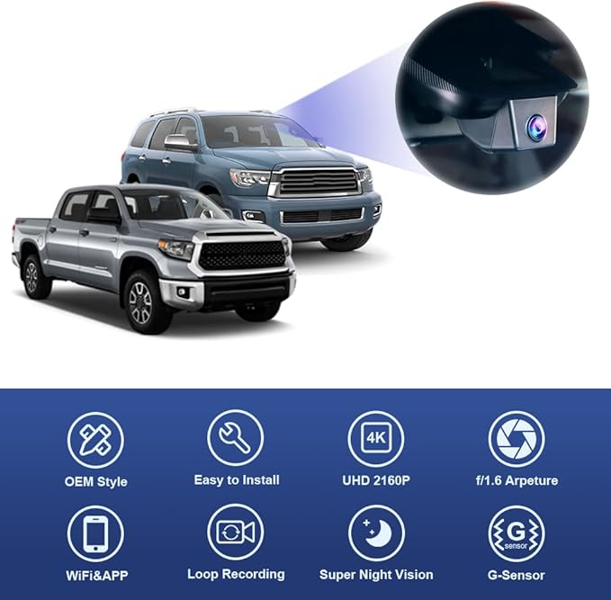 Fitcamx 4K Dash Cam Suitable for Toyota Tundra 2017-2021 & Sequoia 2017-2022 Limited SR5 Platinum TRD Pro, Integrated OEM Look, High Definition 2160P Video WiFi, G-Sensor, Loop Recording, 64GB Card