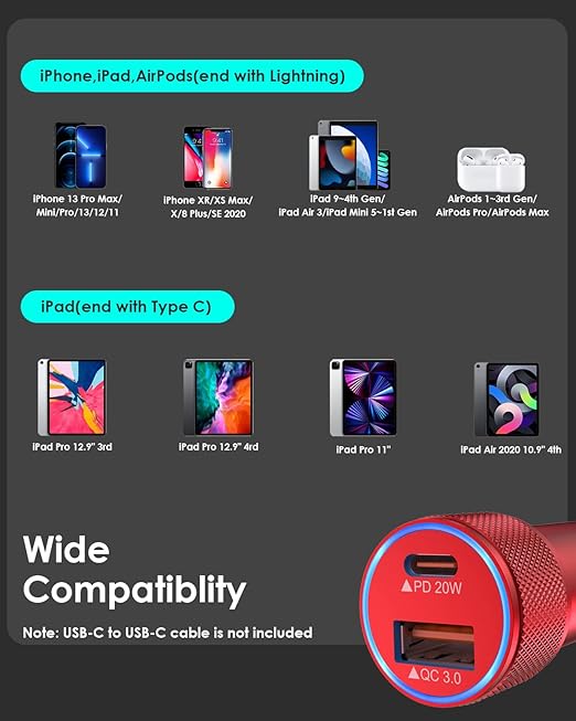 iPhone 14 Car Charger,【Apple MFi Certified】2Port 38W Fast USB C Car Charger Adapter Quick Charge Dual Port Metal Cigarette Lighter with 2Pack Lightning Cable for iPhone 14 13Pro Max Mini/12/11,AirPods