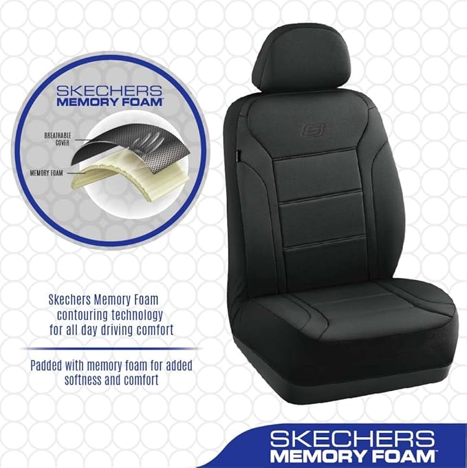 Skechers Memory Foam Car Seat Covers, Lycra Fabric Seat Cover, Car Seat Covers Front Seats Airbag Compatible, Automotive Comfort Protection for Most Cars, Trucks, SUVs, Black