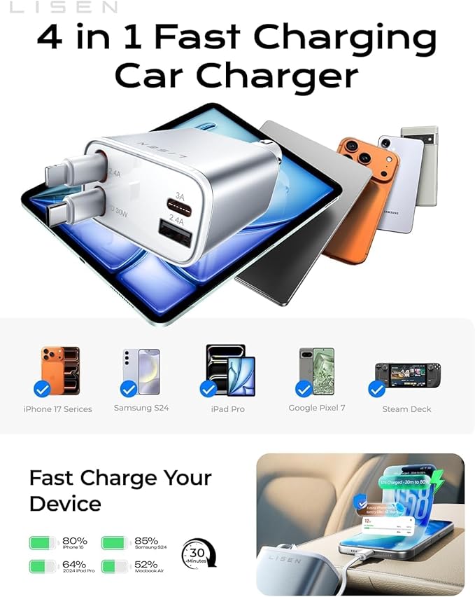 LISEN Retractable Car Charger for iPhone, for iPhone 17 Pro Max 16 15 14 13 12 Plus Mini, Cute 4 in 1 Retractable USB C Car Charger Fast Chareg for Women Men, 84W Fast Charging Car Accessorie