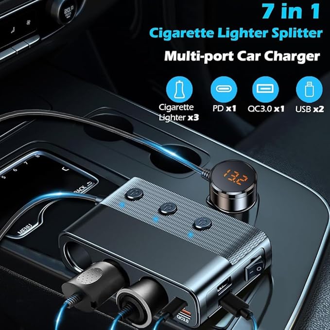 Cigarette Lighter Adapter with 3 Sockets, Car USB Charger Dual Port+QC 3.0+Type-C PD 30W, 12V/24V Cigarette Lighter Splitter with Independent Switches, LED Voltmeter, 66cm Cable