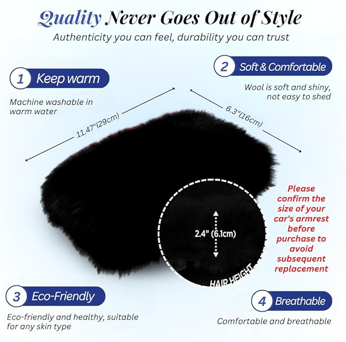Andalus Brands Pure Australian Sheepskin Fluffy Car Center Console Cover, Luxurious Non-Shedding Furry Arm Rest Cover for Car, Versatile for All Seasons, Black - (11.47" X 6.3")