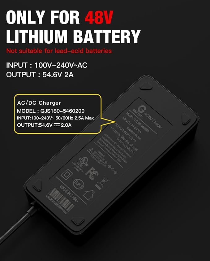 UL Listed 54.6V 2A eBike Charger for 48V Lithium Battery Compatible with 48V Lectric XP 1.0/2.0/3.0,Lectric XPremium, DC 5.5-2.1mm Bicycle Battery Charger Power Adapter