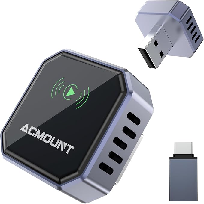 Acmount 2 in 1 Wireless Carplay Adapter & Android Auto 2026 Upgrade Wired CarPlay to Wireless, Fast Auto-Connect, Mini USB Design, Plug & Play Wireless Dongle for iPhone 6+ / Android 11+ (Lead-Gray)