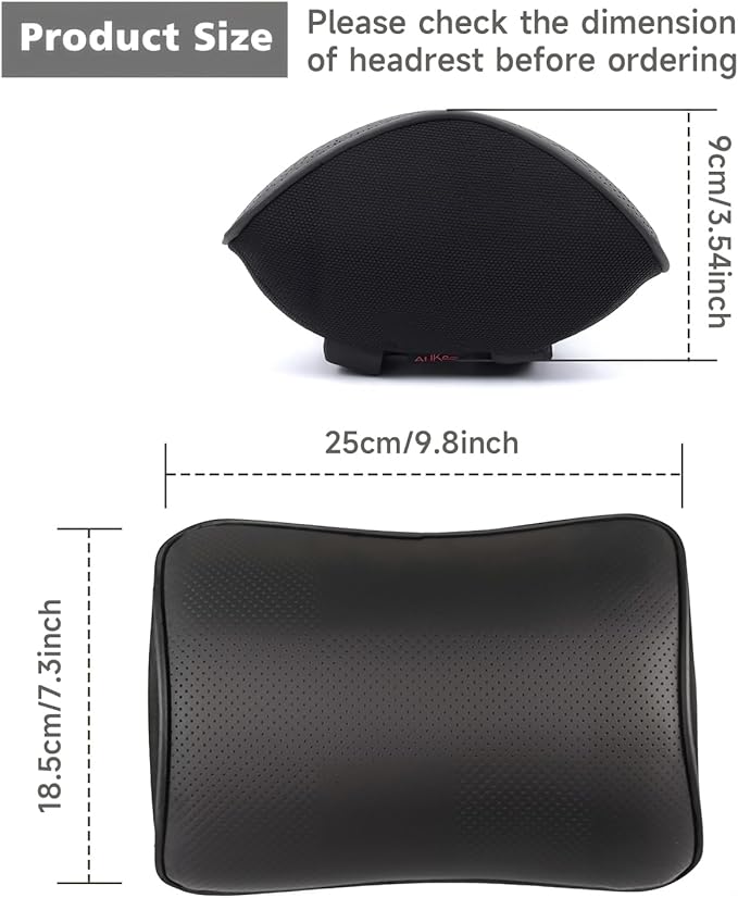 Aukee Car Headrest Pillow with Genuine Leather Cover Memory Foam Neck Cushion with 4 Extension Straps Adjuatable and Comfortable for Driving Home Office Black (Pack of 2)