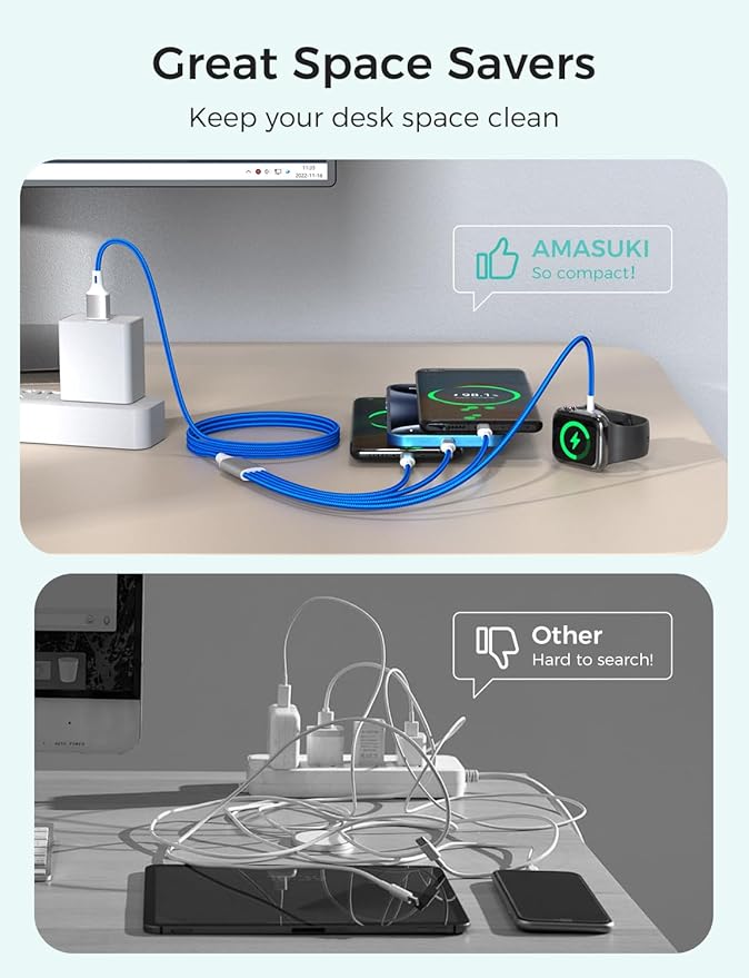 2Pack Multi Charging Cable for Apple Watch Charger 4 in 1 Travel Essentials RV Camping Essentials USB C/L/Micro Compatible with iWatch Series 11-1/iPhone 17/16/15/Android Airplane Gadgets-4FT/Blue