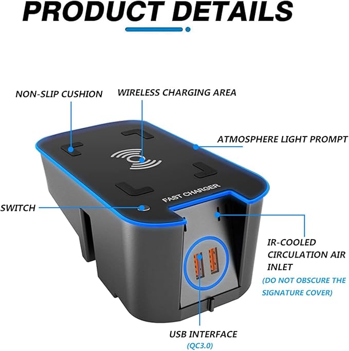 Wireless Car Charger Compatible with Volvo XC90 XC60 S90 S60 V90 V60 2024-2016, Center Console Accessory Panel, 15W Qi Fast Charging with USB QC3.0 Ports