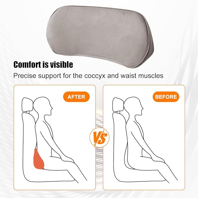 Car Lumbar Support Pillow, Memory Foam Vehicle Seat Lower Back Support Cushion for Back Pain Relief & Sciatica, Comfortable Auto Driver Seat Pad, Universal for Vehicles (Light Gray)