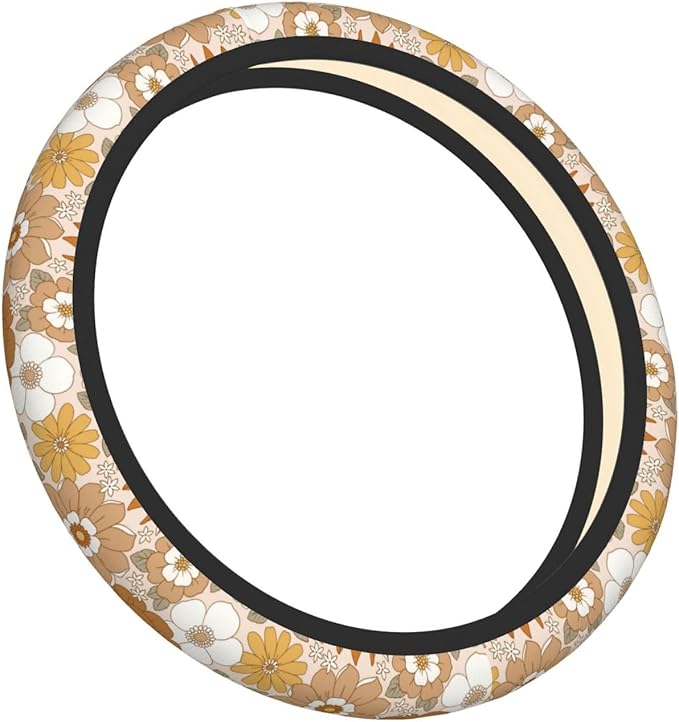 Retro Flowers Steering Wheel Cover for Men Women Universal Car Accessories 15 Inch Neoprene Auto Interior Decor