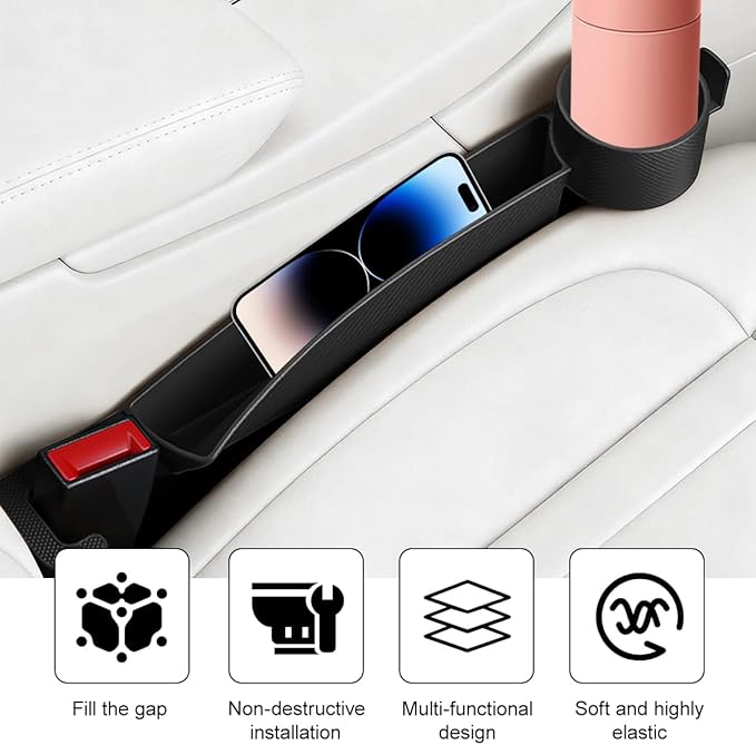 2PCS Car Seat Gap Filler, Dual Slot Carbon Fiber Vehicle Side Seat Gap Organizer Strip with Cup Holder, Auto Console Guard Spacer Stop Things from Dropping, Universal Fit (Black)