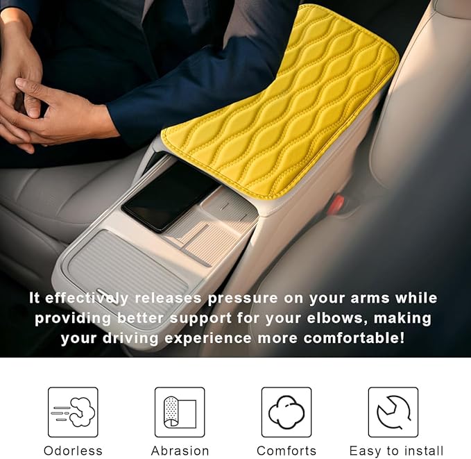 Car Center Console Cushion Pad, 12.48×7.40 Inches Waterproof Car Armrest Seat Box Cover, Comfortable PU Leather Vehicle Armrest Cover Protector, Car Decor Interior Accessories (Yellow)