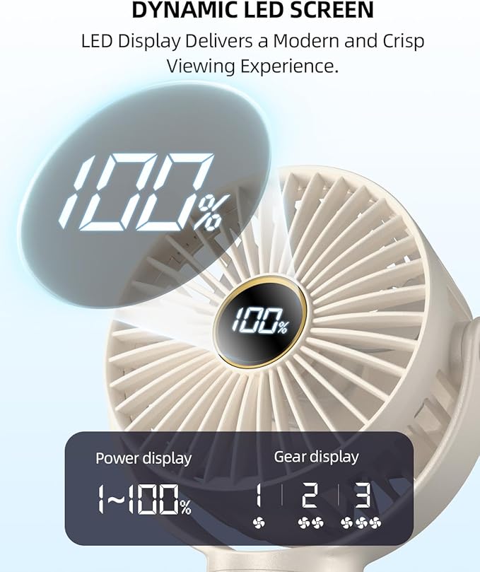 Portable Stroller Mini Fan, Small Rechargeable Personal Fan, Travel Essentials for Baby, Wagon, Car Seat, Treadmill, Battery Powered Biking Gear Accessories, 360° Rotation, 3-Speed, Display, Beige