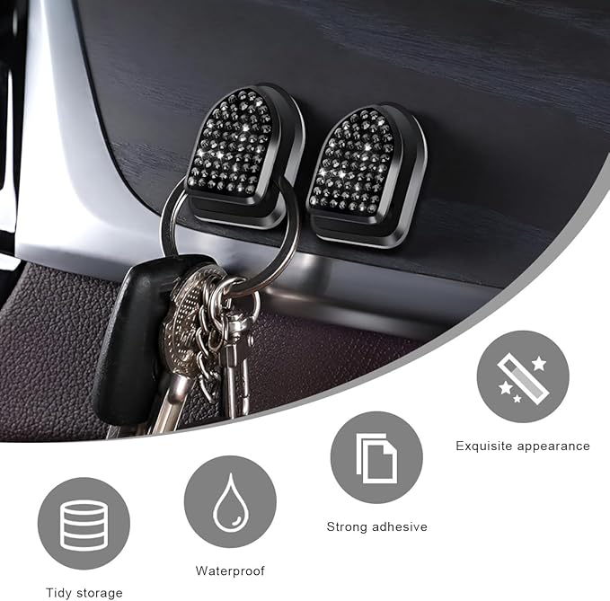 4 PCS Bling Car Mini Hooks, Cute Rhinestone Adhesive Back Seat Auto Hangers, Multifunctional Crystal Hanging Storage Hook for Vehicle Dashboard Wall Hat Coat Towel Key (Black)