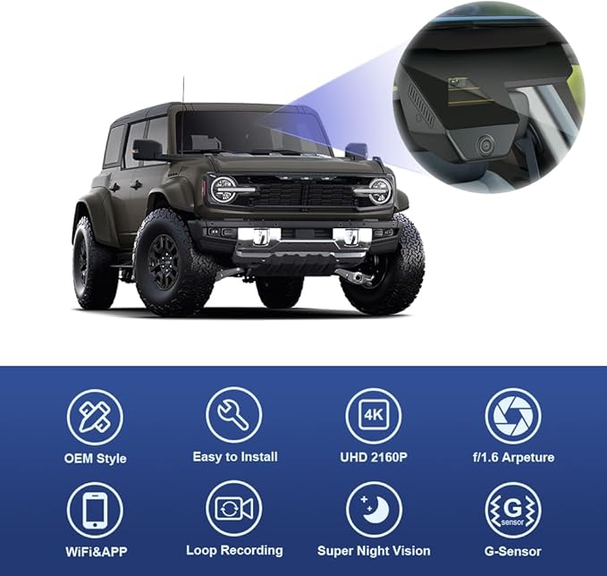 Fitcamx 4K Dash Cam Suitable for Ford Bronco 2025-2026 & Bronco Rapor (HD2-D8300), OEM Factory Look, 2160P UHD Video, Built-in WiFi & APP, Loop Recording, Collision Detction, Plug & Play, 64GB Card
