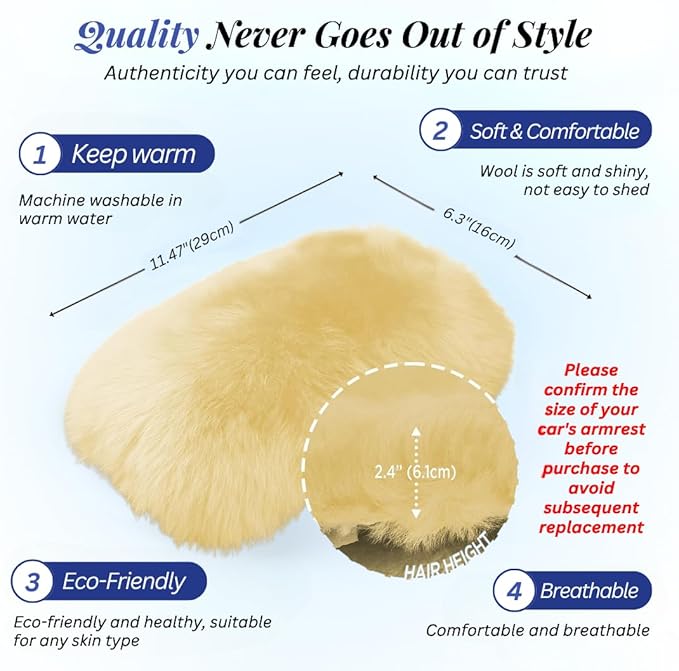 Andalus Brands Pure Australian Sheepskin Fluffy Car Center Console Cover, Luxurious Non-Shedding Furry Arm Rest Cover for Car, Versatile for All Seasons, Beige - (11.47" X 6.3")