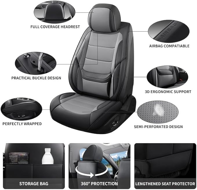 Car Seat Covers Custom Fit for Chevrolet/Chevy Bolt 2016-2026 , Premium Faux Leather Waterproof Car Seat Protectors with Lumbar Support, Breathable Anti-Slip Easy to install(Black&Gray,Full set)