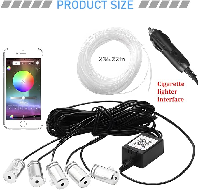 Zpana Car LED Interior Strip Light with APP Control, 16 Million Colors 5-in-1 RGB Sound Active Ambient Light with 236" Fiber Optic, Auto Inside Atmosphere Neon Light Strip, Universal for Vehicles