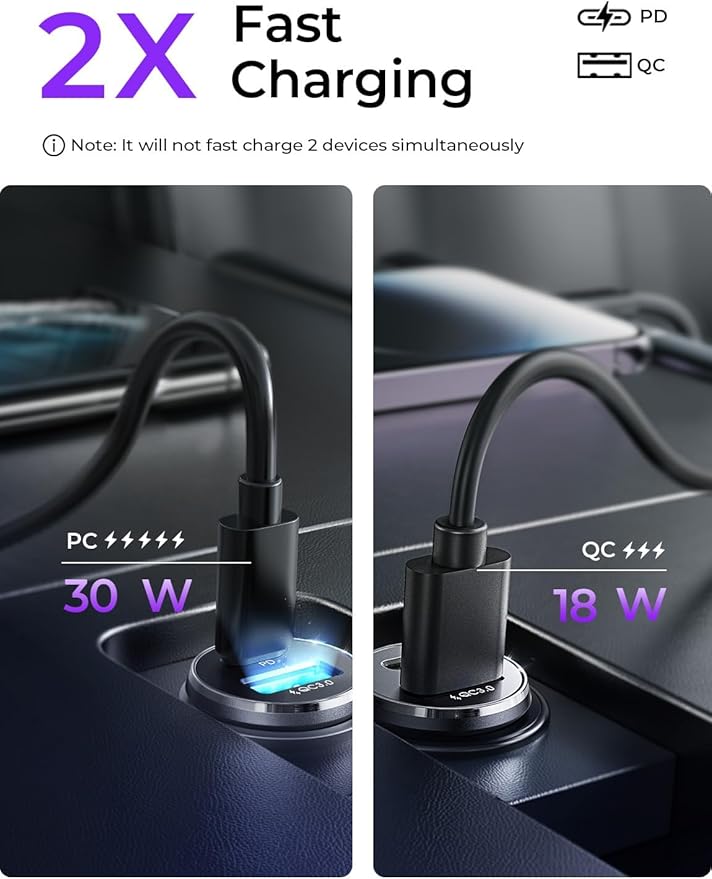 LISEN USB C Car Charger Adapter [2 Pack] [Mini & Metal] Cigarette Lighter USB Charger Fast Charging [PD QC 3.0] USBC Car Phone Charger for iPhone 15 Pro Max Plus 14 Samsung Galaxy S23 iPad Pro, Purple