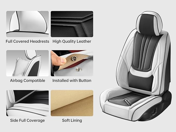 Car Seat Covers, Premium Leather Car Seat Covers, Waterproof and Breathable Seat Covers, Universal Car Seat Protector Fit for Cars, Trucks, SUVs, Pick-ups (Black & White, 2 PCS Front Seat)