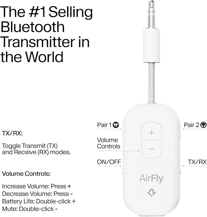 Twelve South AirFly Pro | Bluetooth Wireless Transmitter/Receiver Adapter for 2 Headphones, Audio Sharing, Compatible with 3.5mm aux Jack for Airplanes, TV, Gym, Stereo, and Travel, Gold