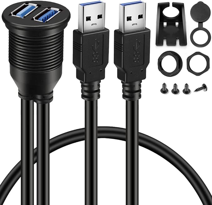 BATIGE 2 Pack Dual USB 3.0 Car Mount Flush Cable - USB3.0 Male to Female Car Mount Extension Cable - Waterproof for Truck, Boat, Motorcycle - Dashboard Panel - 3ft