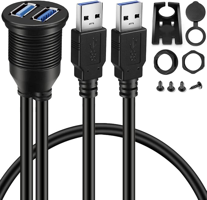 BATIGE 2 Ports Dual USB 3.0 Male to USB 3.0 Female AUX Flush Mount Car Mount Extension Cable for Car Truck Boat Motorcycle Dashboard Panel -6ft