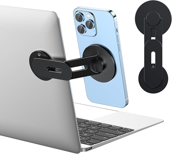 Magnetic Phone Holder for Laptop, MagSafe Laptop Phone Mount for iPhone 17/16/15/14/13/12 & All Phones, 180°Adjustable Phone Side Mount for Monitors for Tesla (Black)