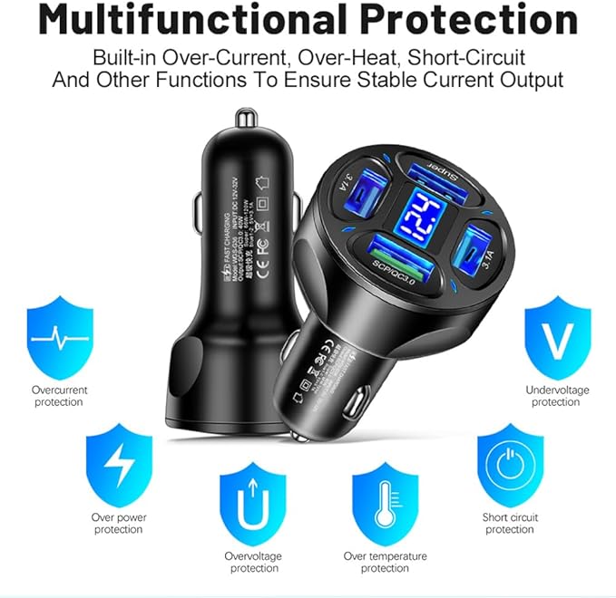Car Charger,4 Ports Fast Car Charger with Plug Outlet/LED Voltmeter/QC3.0/Super Port,Universal Car Accessories Cigarette Lighter USB Charger Compatible with Android,Samsung Galaxy(QC3.0/Super)