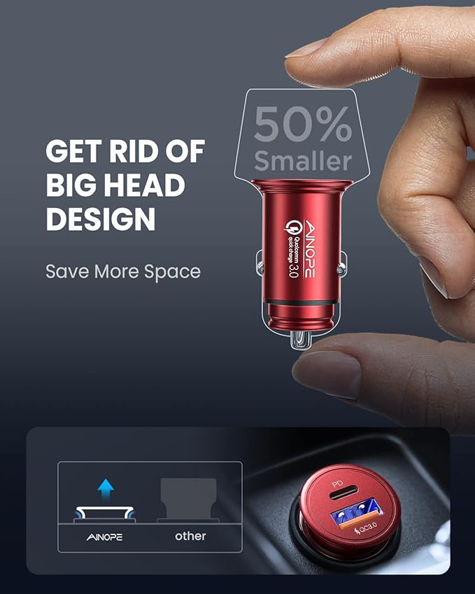 AINOPE USB C Car Charger Super Mini All Metal 54W Fast USB Car Charger PD&QC 3.0 Dual Port Car Adapter Compatible with iPhone 15 Pro Max 14 13 12 11 Pro Max XR XS Max 8 Galaxy S21/20-Red